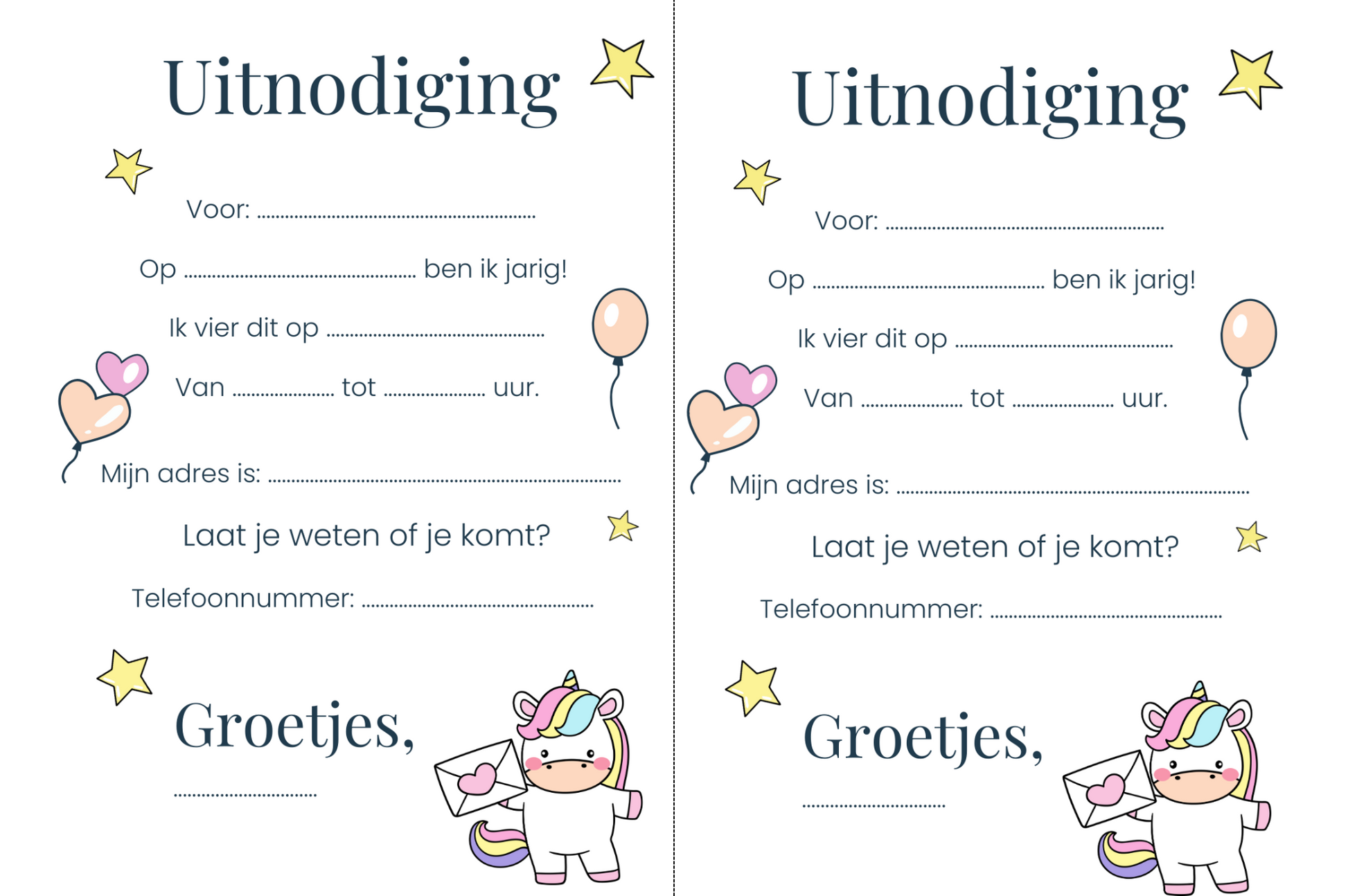 Printbare Unicorn thema kinderfeest uitnodiging