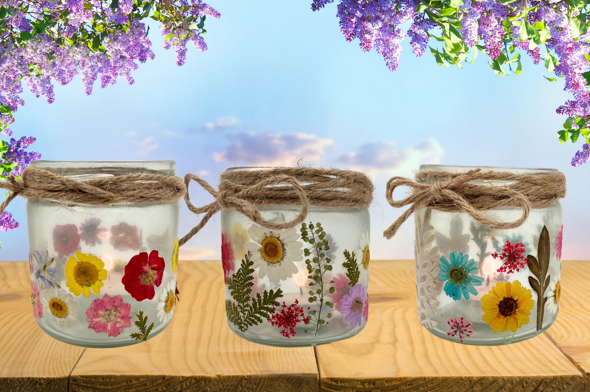 DIY Pakket Waxinelichthouders met droogbloemen set van 3